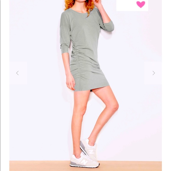 SUNDRY Dress Green Side Shirred Mini Dress Moss Army Three Quarter Sleeve Cotton - Picture 7 of 9